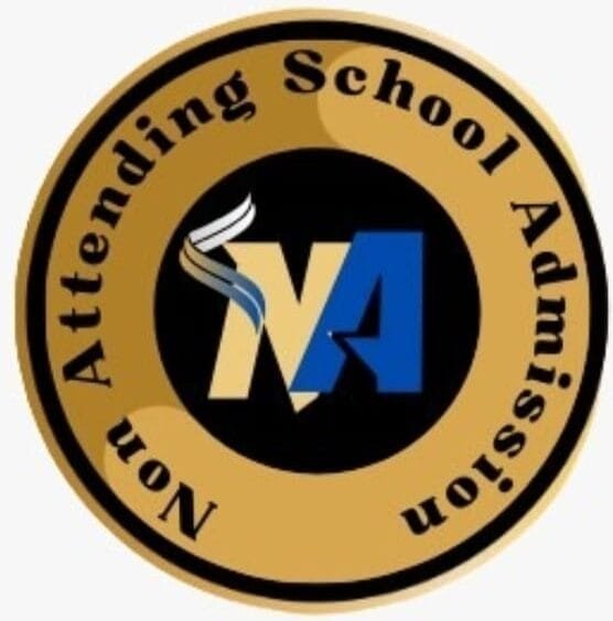 A professional circular corporate logo set against a clean white background. The emblem features a thick, polished outer gold ring containing the bold black text 'Non Attending School Admission' wrapped symmetrically around the upper and lower halves. The center of the logo consists of a solid black circle hosting a stylized brand monogram with the letter 'N' in gold and the letter 'A' in vibrant blue. This icon represents the institutional framework that helps entrance aspirants secure a dummy admission in Delhi to protect self-study hours while locking in their high-value eligibility for the 85% state quota of Delhi benefits, including the regional Delhi quota in NEET and the competitive Delhi quota in JEE.