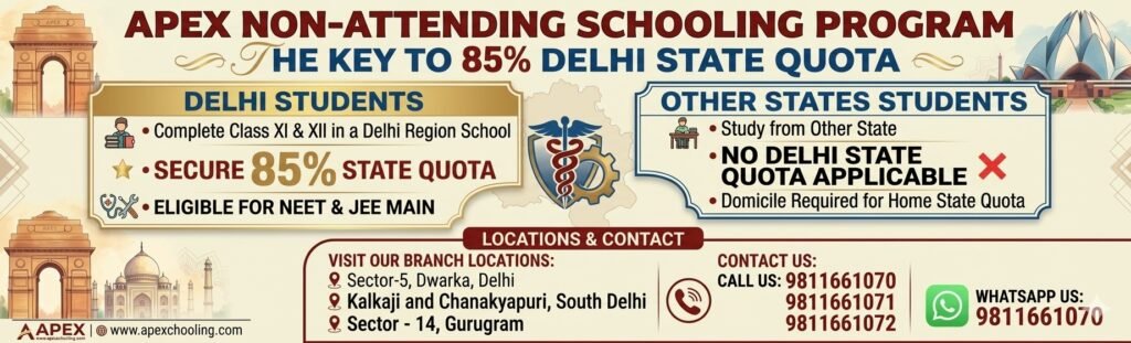 An educational banner for Apex Non-Attending School in Delhi highlighting the 85% Delhi State Quota benefit for NEET and JEE Main aspirants.