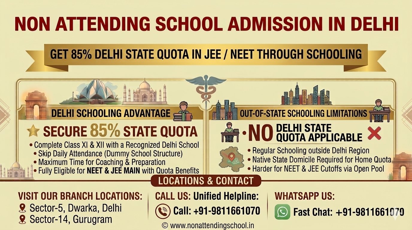 A horizontal, wide-aspect web banner titled 'NON ATTENDING SCHOOL ADMISSION IN DELHI' with a gold accent ribbon reading 'GET 85% DELHI STATE QUOTA IN JEE / NEET THROUGH SCHOOLING'. The banner features a clean, light cream background decorated with vector architectural graphics of Delhi landmarks and a high-rise city skyline. The layout is split into two comparison blocks: the left panel details the 'DELHI SCHOOLING ADVANTAGE' highlighting a secured 85% state quota of Delhi, skipped daily attendance via a dummy structure, and complete eligibility for the Delhi quota in NEET and JEE Main. The right panel details 'OUT-OF-STATE SCHOOLING LIMITATIONS', explaining that no Delhi state quota is applicable for schools outside the region. The bottom footer lists branch addresses for Sector-5 Dwarka and Sector-14 Gurugram alongside a single unified helpline number (+91-9811661070) and the website URL www.nonattendingschool.in.