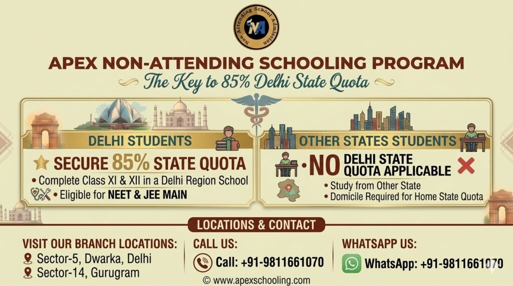 Horizontal promotional web banner for the Apex Non-Attending Schooling Program showcasing how to secure the 85% Delhi state quota benefit in JEE and NEET. The graphic features the round logo for "Non Attending School Admission" and breaks down criteria side-by-side. The left side outlines that Delhi students completing Class XI and XII locally secure the 85% Delhi state quota in NEET and JEE Main. The right side emphasizes that other states students have no Delhi state 85% quota in JEE applicable. The bottom panel displays location branches for Sector-5 Dwarka and Sector-14 Gurugram alongside a unified call and WhatsApp contact number (+91-9811661070) and website URL apexschooling.com.